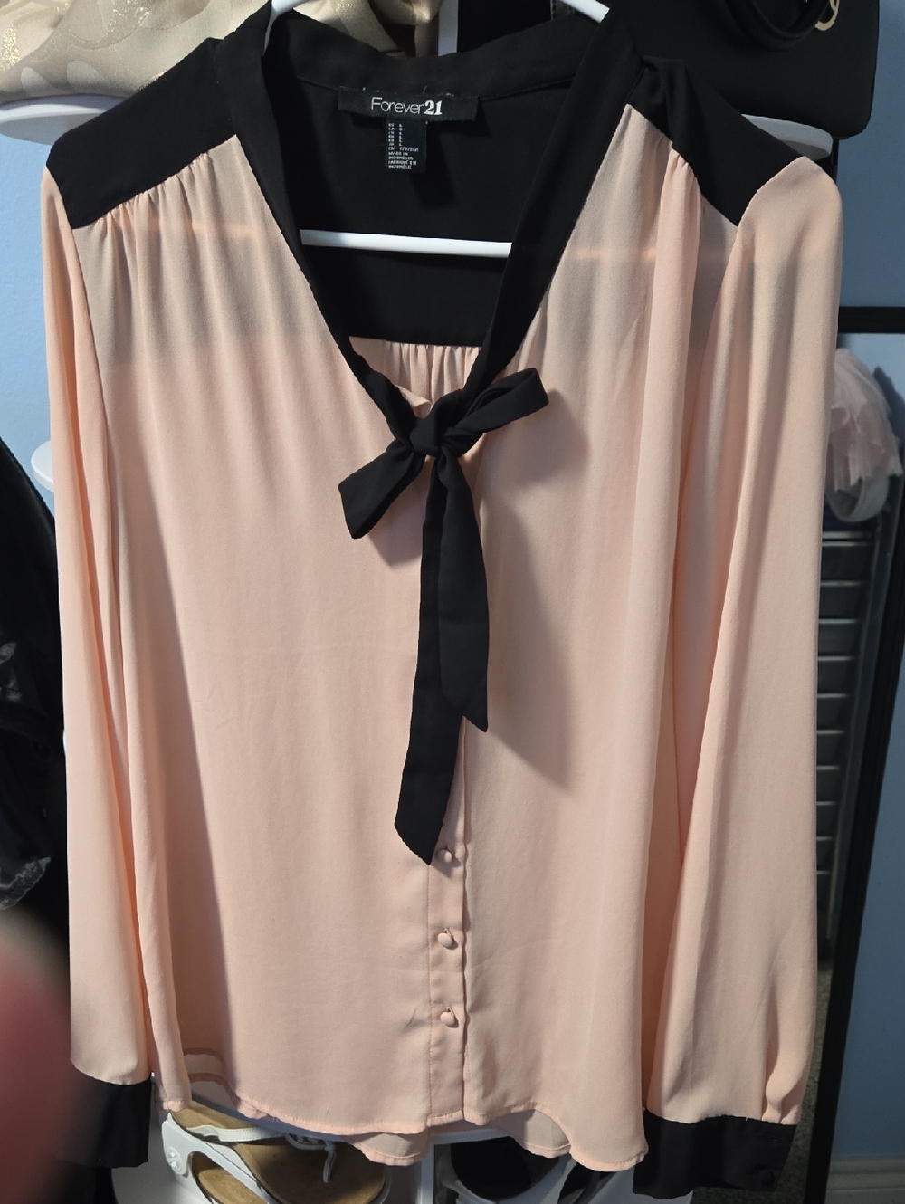 Forever 21 Peach Blouse with Black Tie and Accents